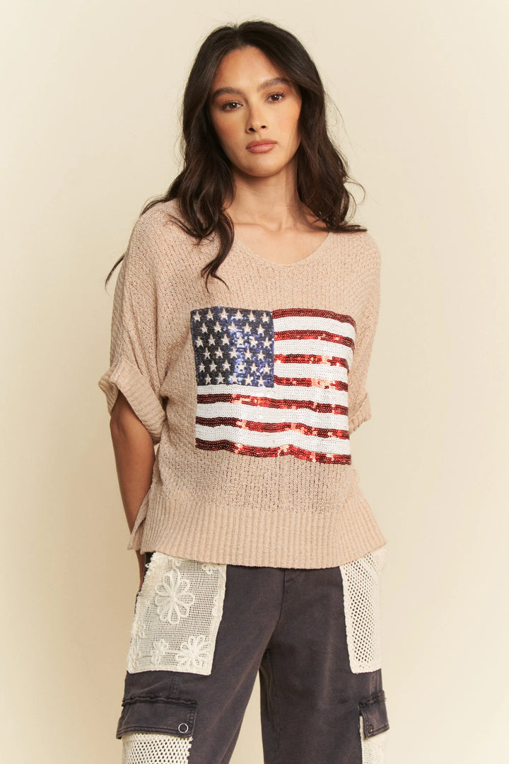 Davi & Dani Sequin American Flag Patch Short Sleeve Knit Top TAUPE Tops