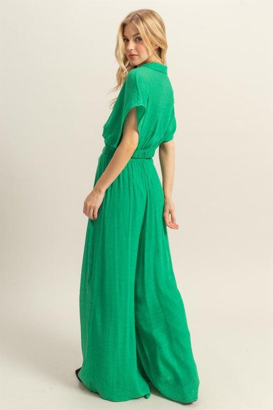 HYFVE Green Kimono Sleeve Crop Top and Wide Leg Pants Set Outfit Sets
