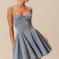 SO ME light blue A-line fit and flare denim mini dress with thin straps