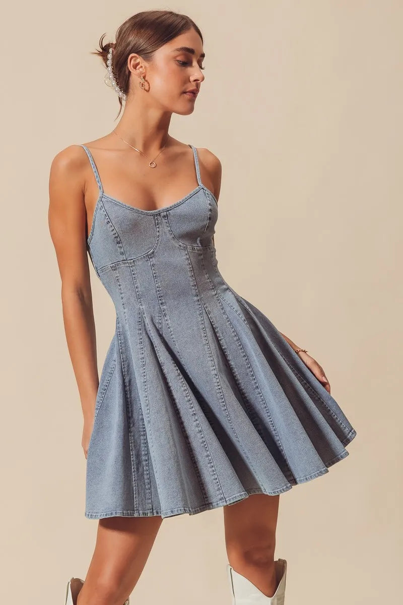 SO ME light blue A-line fit and flare denim mini dress with thin straps