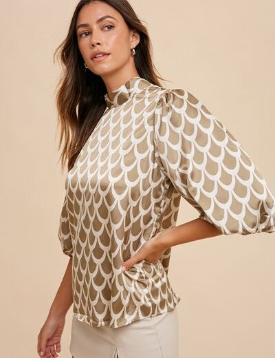 Annie Wear Tie Back Abstract Print Mock Neck Half Sleeve Blouse