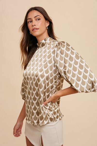 Annie Wear Tie Back Abstract Print Mock Neck Half Sleeve Blouse Blouses