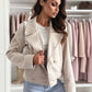 Daverri double-breasted beige faux leather moto jacket with gold buttons
