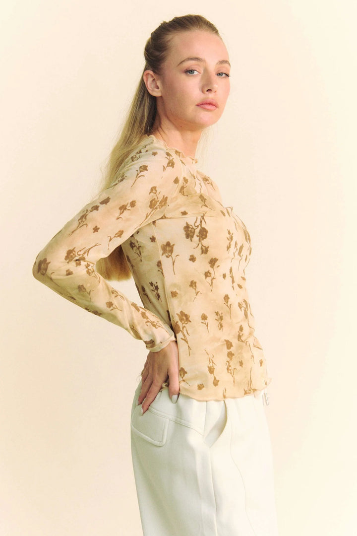Davi & Dani Floral Mesh Long Sleeve Sheer Layering Top Tops