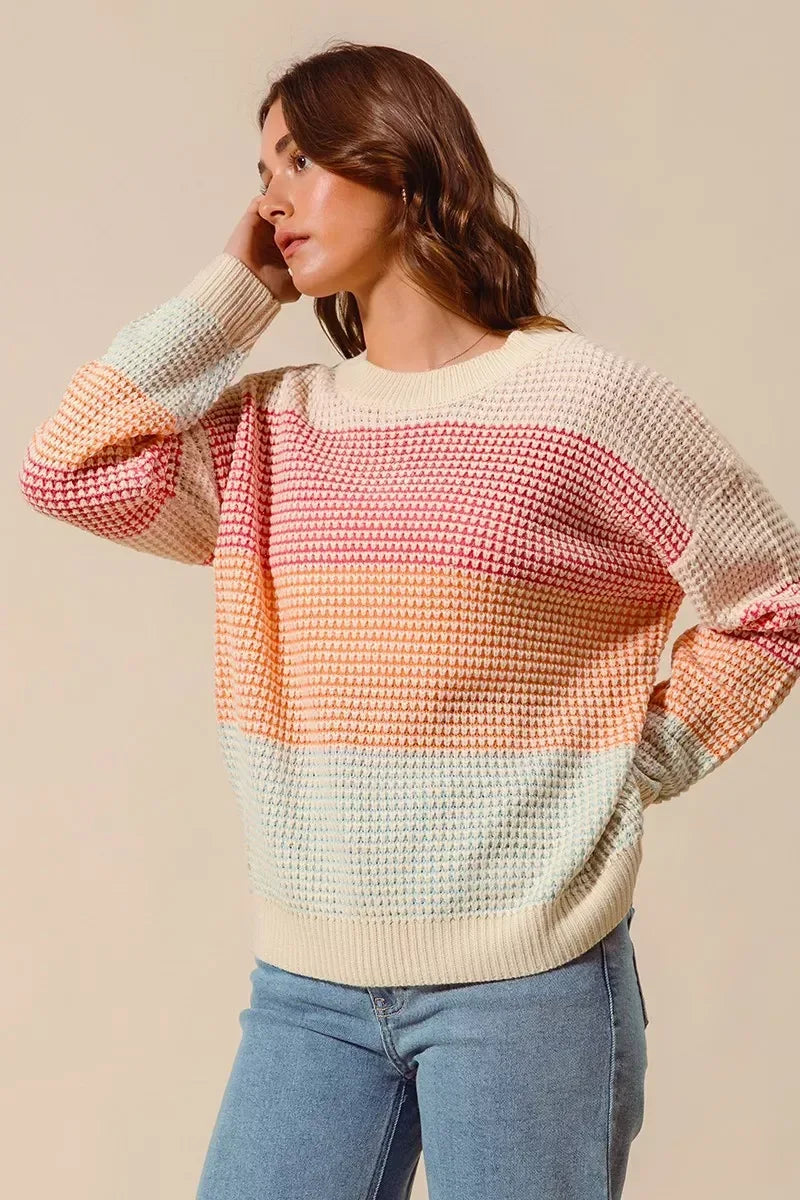 SO ME Multi Color Block Long Sleeve Sweater - DAVERRI FASHIONS