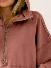 BiBi Stitch Detailed Elastic Hem Half Zip Fleece Hoodie Terracotta | Hoodies Daverri Fashions