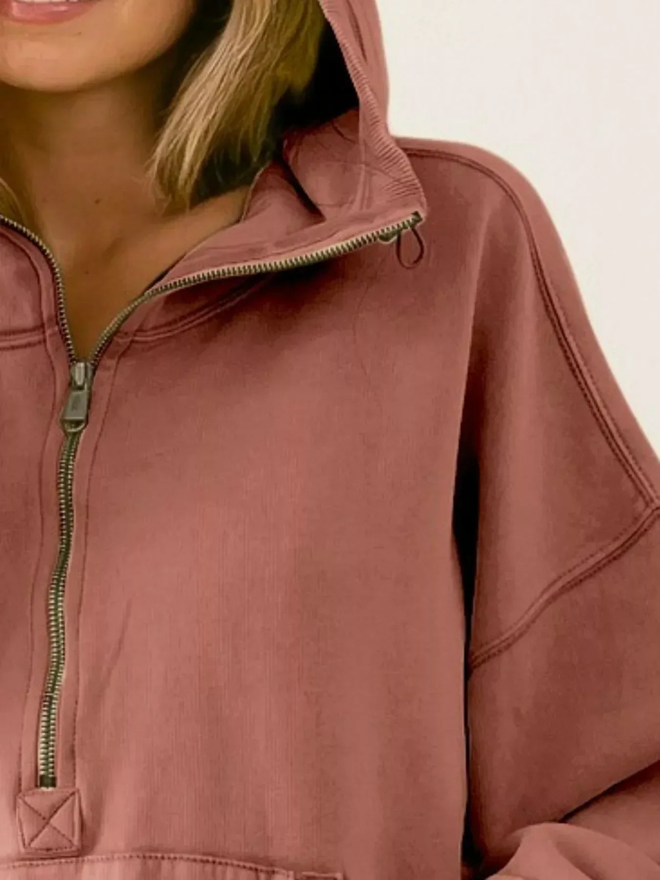 BiBi Stitch Detailed Elastic Hem Half Zip Fleece Hoodie Terracotta - DAVERRI FASHIONS