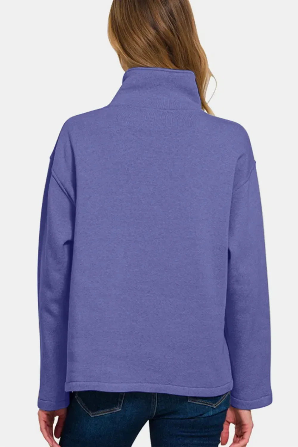 Zenana Turtleneck Half Snap Fleece Sweatshirt Blurple - DAVERRI FASHIONS
