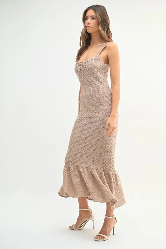 MABLE Ruffled Hem Sleeveless Crochet Knit Midi Dress Midi Dresses