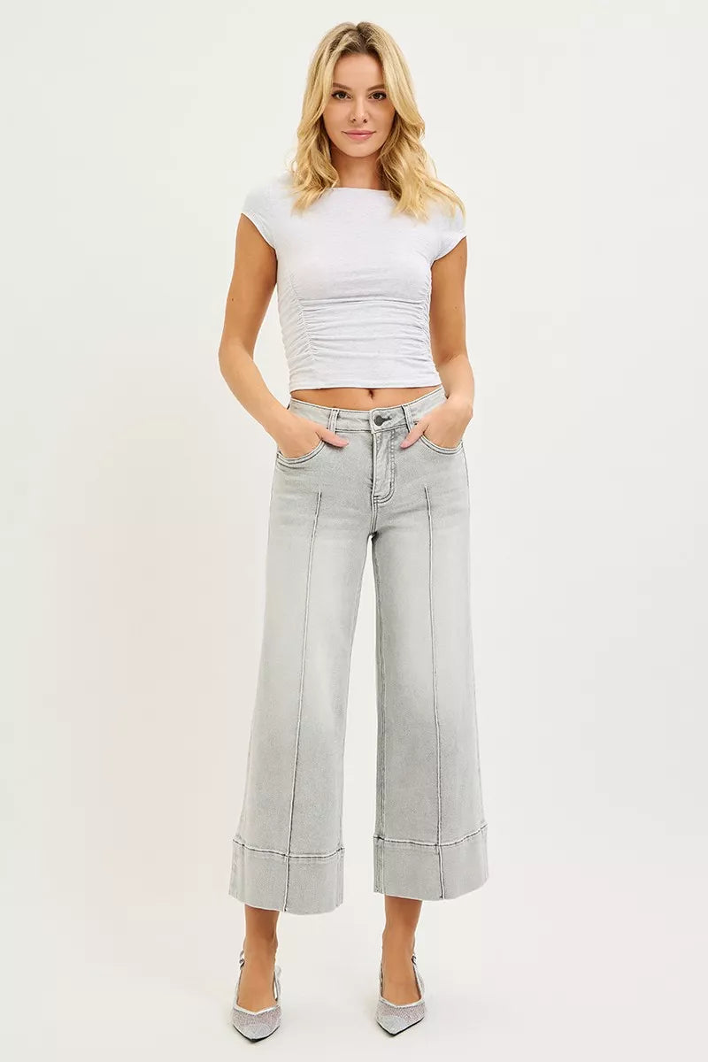 Risen Tummy Control Mid Rise Crop Wide Pintuck Jeans in light-wash denim