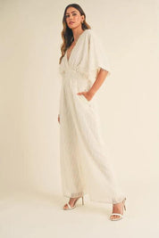MABLE Fluffy Deep V Neck Wide Leg Jumpsuit | Jumpsuits Daverri Fashions