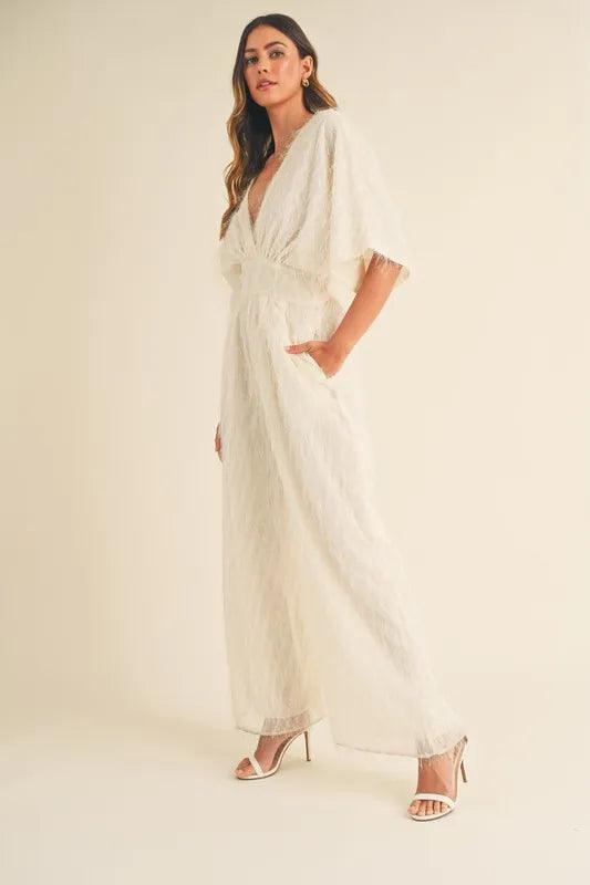 MABLE Fluffy Deep V Neck Wide Leg Jumpsuit | Jumpsuits Daverri Fashions