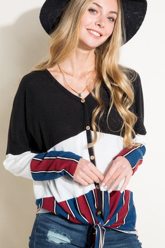 Brushed Mixed Striped Solid Waist Tie Top Shirts & Tops