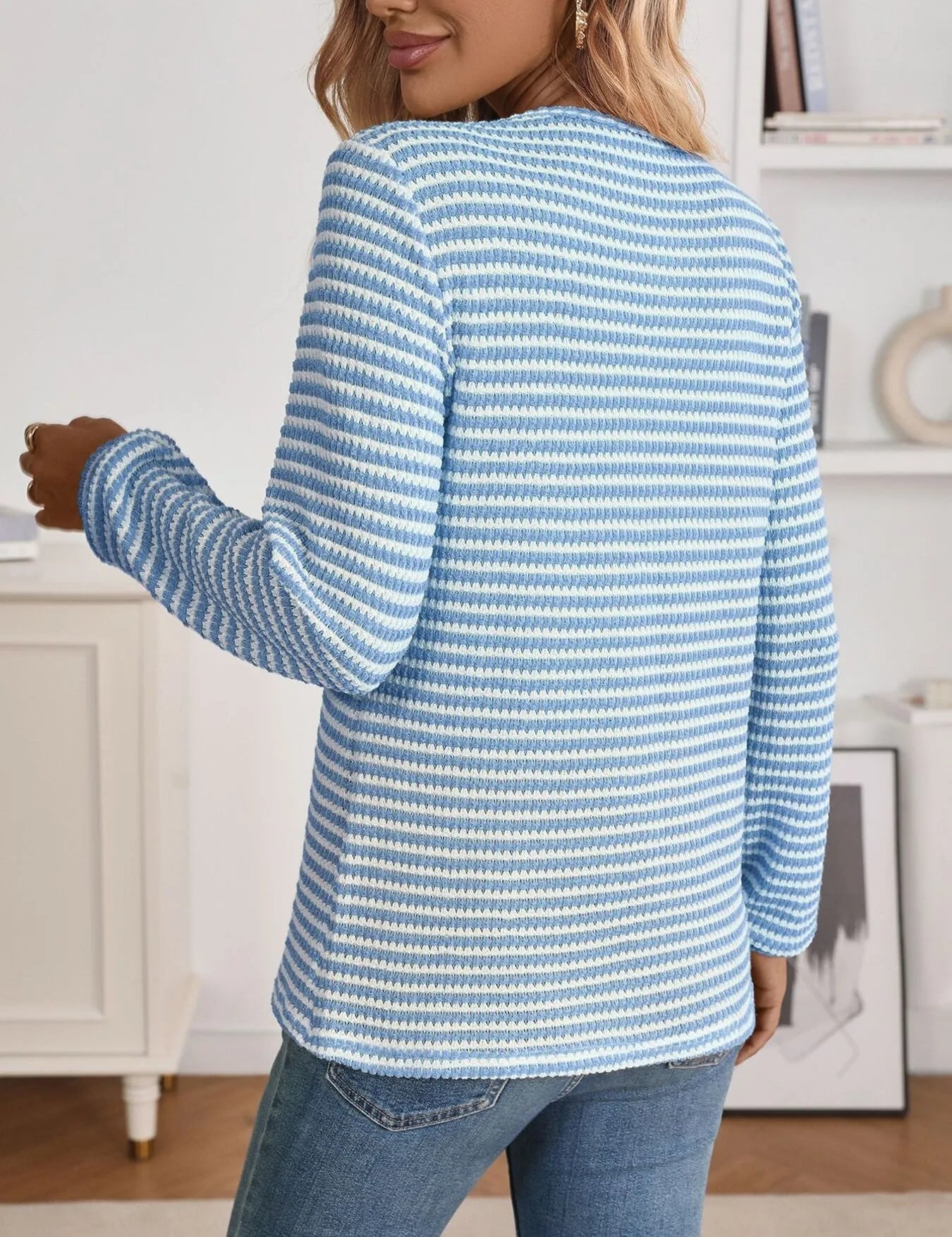 Daverri Fashions blue and white striped long sleeve button detail top