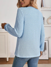 Daverri Fashions blue and white striped long sleeve button detail top
