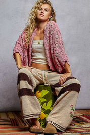 POL Openwork V-Neck Chenille Cardigan with Contrast Floral | Cardigans Daverri Fashions