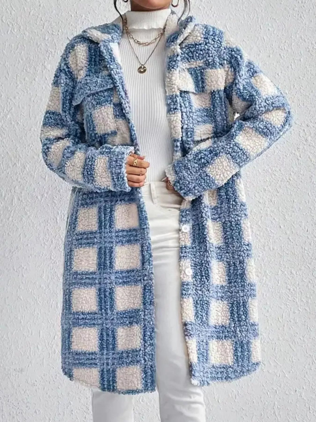 Plaid Button Up Long Sleeve Fleece Coat | Coats Daverri Fashions