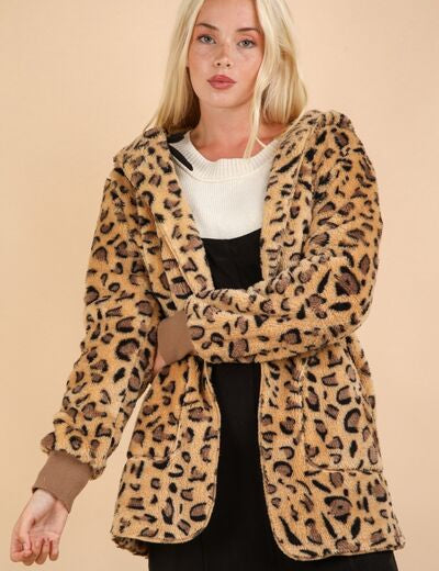 VERY J Fuzzy Leopard Long Sleeve Hooded Jacket Taupe Leopard Jackets