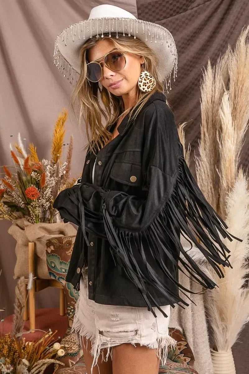 BiBi Suede Fringe Long Sleeve Jacket - DAVERRI FASHIONS