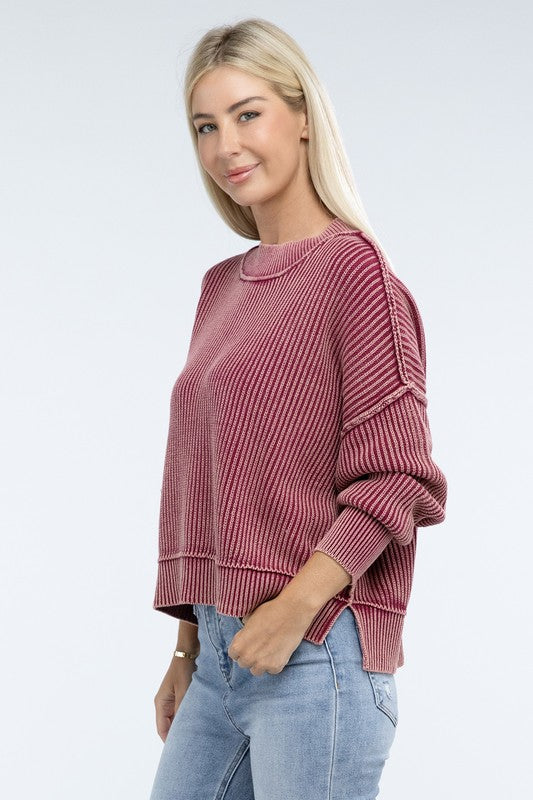 Washed Side Slit Oversized Cropped Cotton Sweater Tops