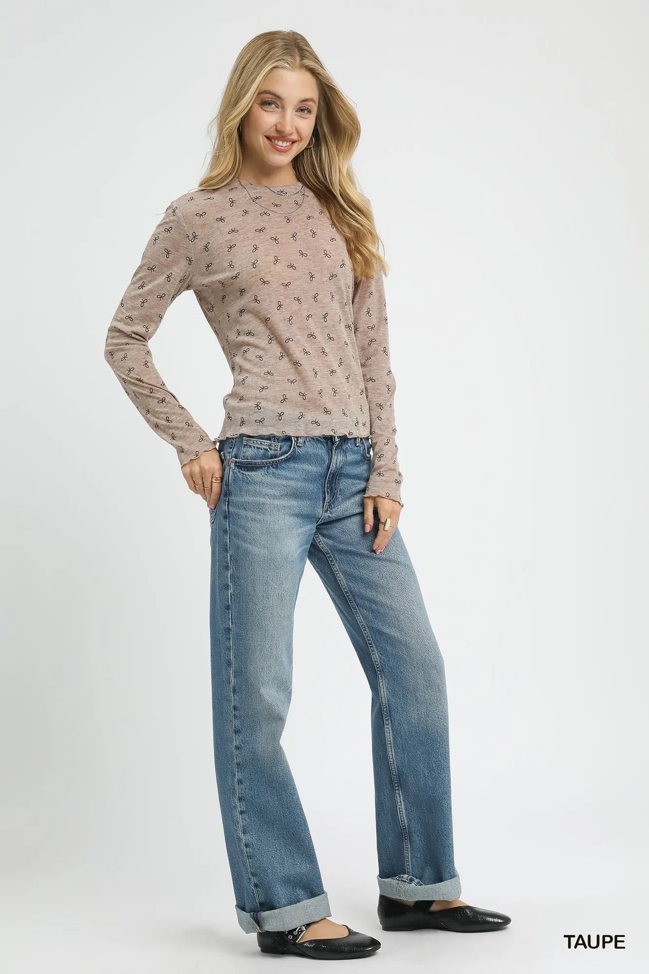 Umgee Bow Print Lightweight Knit Top