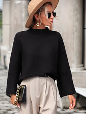 Black Mock Neck Drop Shoulder Knit Top | Knit Tops Daverri Fashions