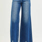 RISEN high rise wide leg blue denim jeans with frayed hem