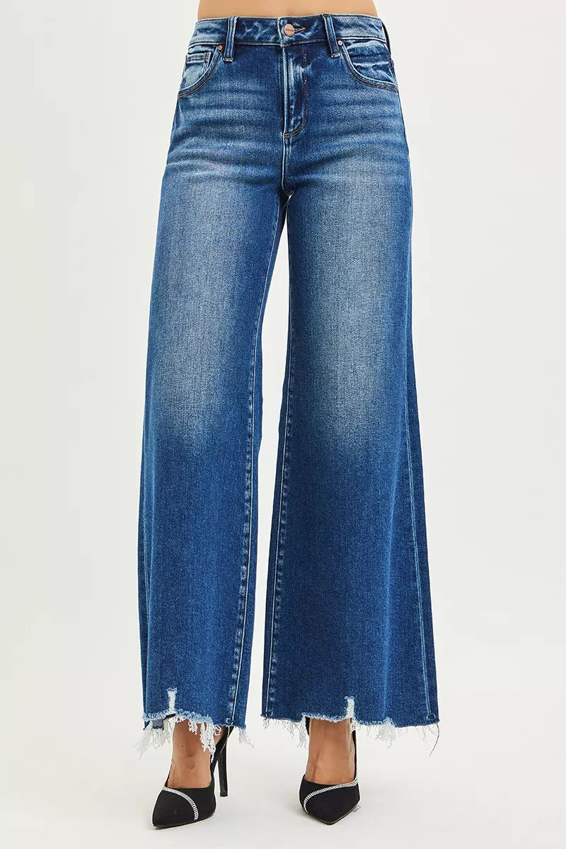 RISEN high rise wide leg blue denim jeans with frayed hem