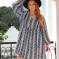 Plus size boho print V-neck long sleeve mini dress in navy white floral pattern