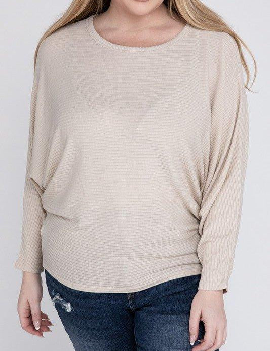 Zenana Plus Batwing Sleeve Knit Top-Casual Comfort SAND BEIGE Shirts & Tops