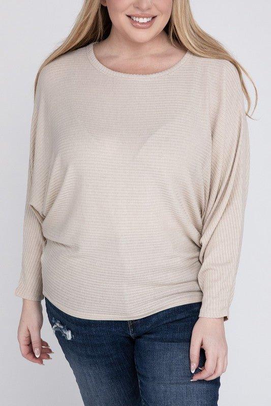 Zenana Plus Batwing Sleeve Knit Top-Casual Comfort SAND BEIGE Shirts & Tops