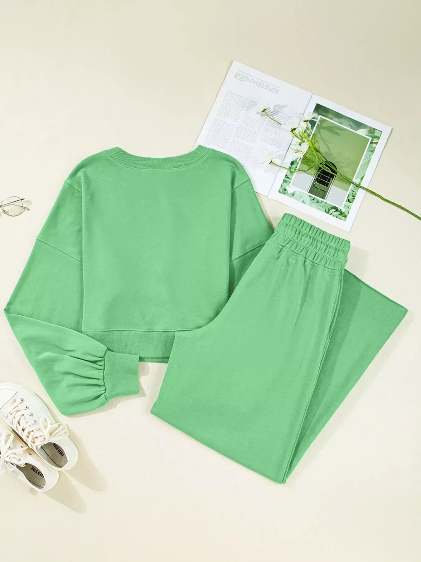 Drop Shoulder Puff Sleeve Crop Top and Drawstring Wide Leg Pants Set - DAVERRI FASHIONS