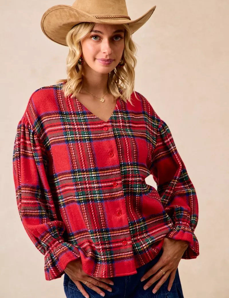RED PLAID BiBi Christmas Plaid V-Neck Flounce Sleeve Jacket | Jackets Daverri Fashions