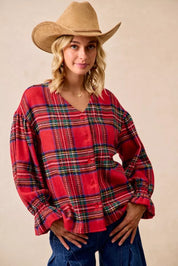 RED PLAID BiBi Christmas Plaid V-Neck Flounce Sleeve Jacket | Jackets Daverri Fashions