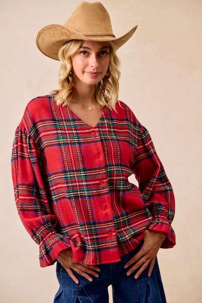 RED PLAID BiBi Christmas Plaid V-Neck Flounce Sleeve Jacket | Jackets Daverri Fashions