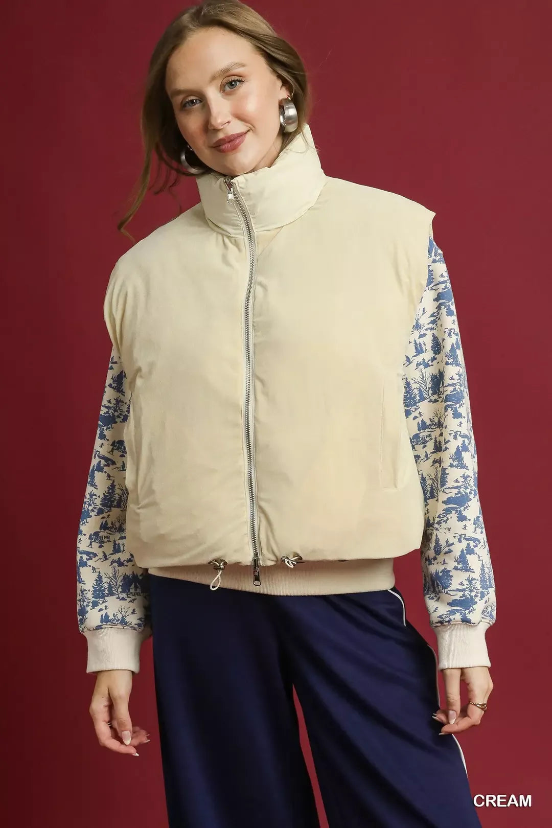 Cream Umgee High Neck Puffer Vest with Zip Front | Vest Jackets Daverri Fashions