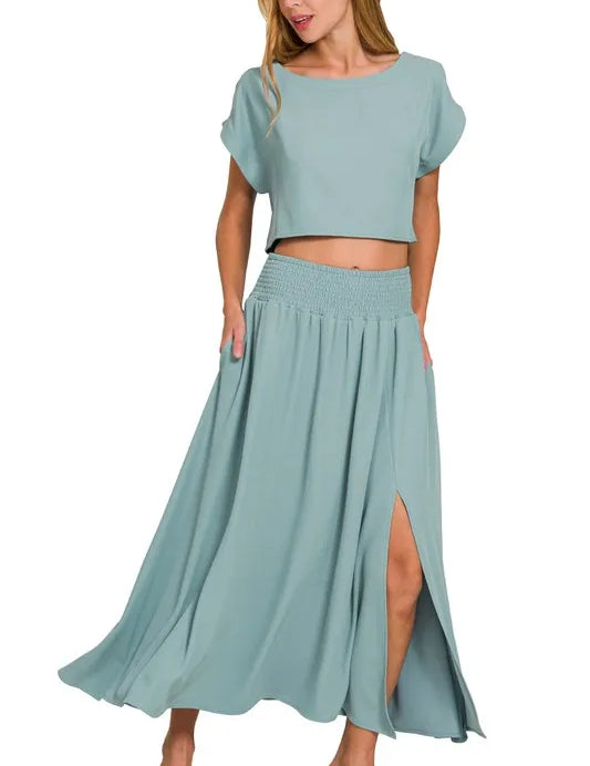 BLUE GREY Zenana Heavy Woven Span Crop Tee & Skirt Set | Outfit Sets Daverri Fashions