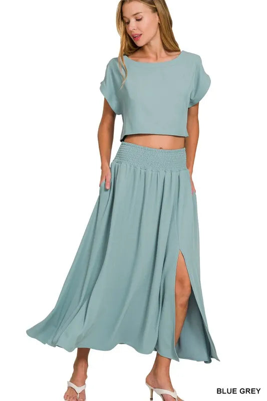 Zenana Heavy Woven Span Crop Tee & Skirt Set BLUE GREY Outfit Sets
