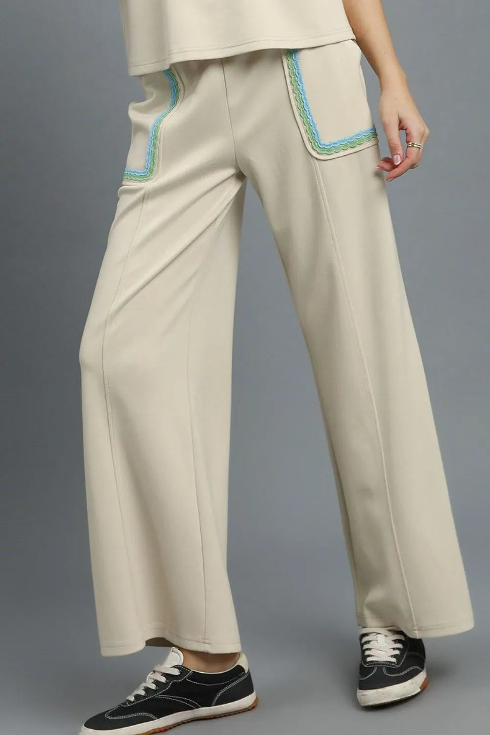 Umgee Drawstring Wide Leg Pants with Scallop Trim Detail | Pants Daverri Fashions