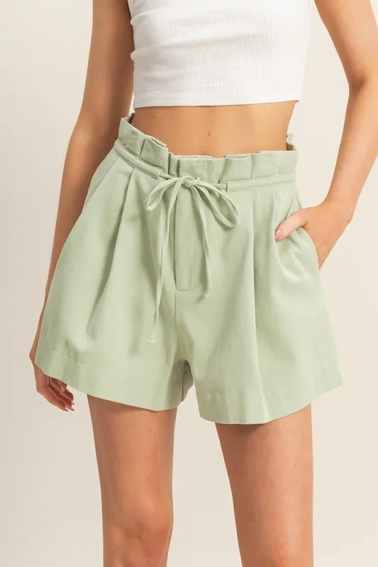 HYFVE High-Waisted Washed Twill Paperbag Shorts SAGE