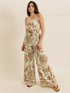 Daverri tie strap wide leg jumpsuit in cream with brown botanical bird patterns