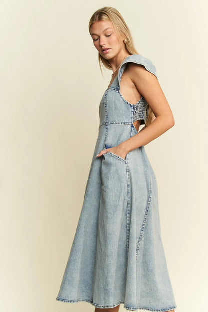 Jade By Jane Ruffled Denim Midi Dress - DAVERRI FASHIONS