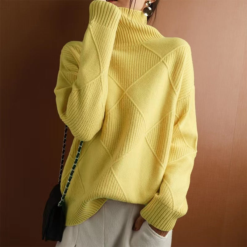 Yellow Loose Fit Turtleneck Knit Sweater | Sweaters Daverri Fashions