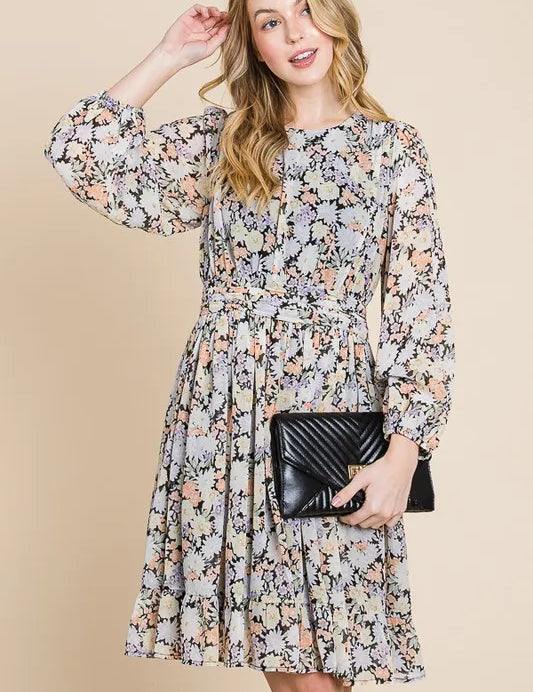 Lime 'N' Chili Chiffon Floral Print Belted Dress with Back Zipper | Daverri Fashions
