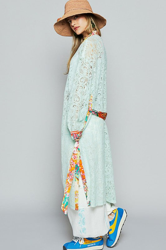 POL Floral Trim Lace Open Front Longline Cardigan Cardigans