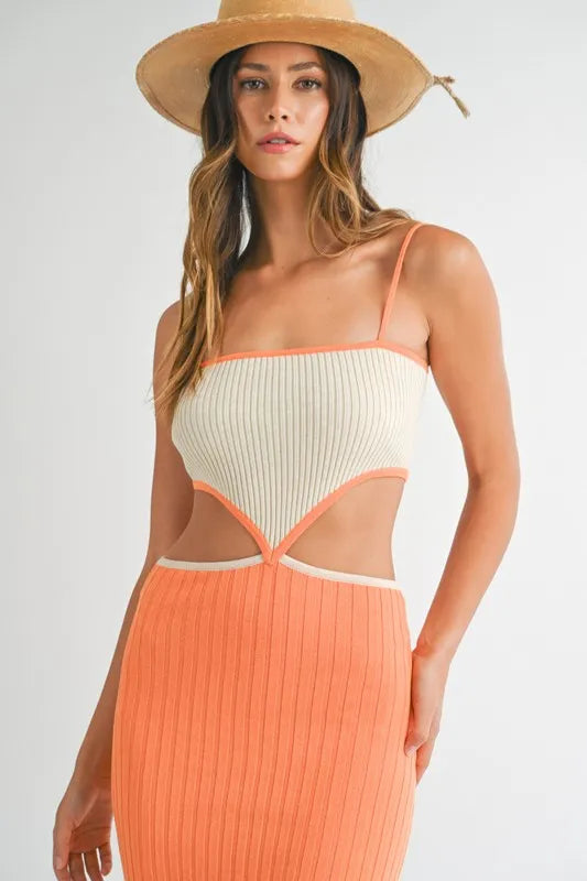 MABLE Ribbed Knit Color Block Cutout Midi Dress