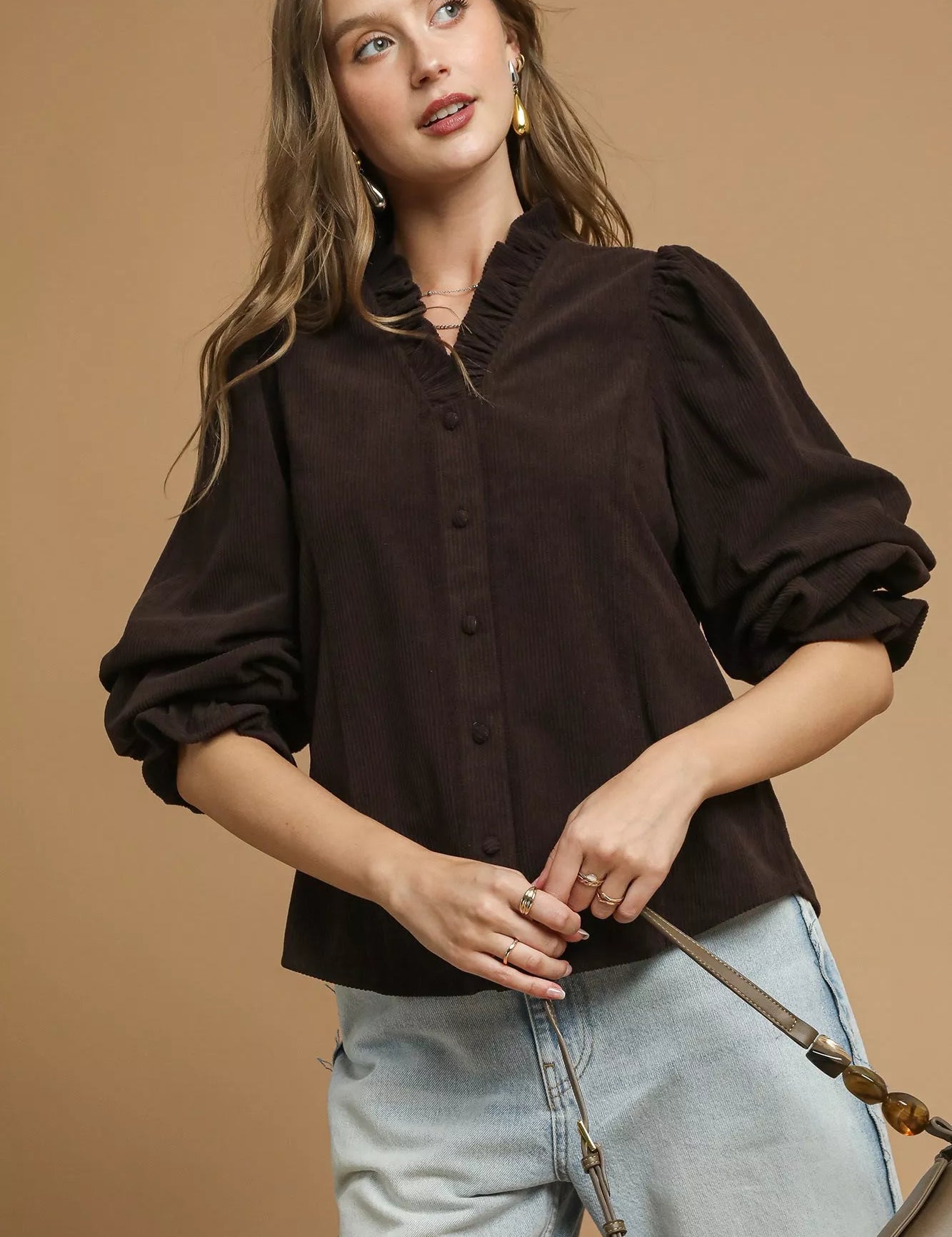 CHOCOLATE Umgee Corduroy Ruffle Shirt with Long Puff Sleeves | Shirts Daverri Fashions