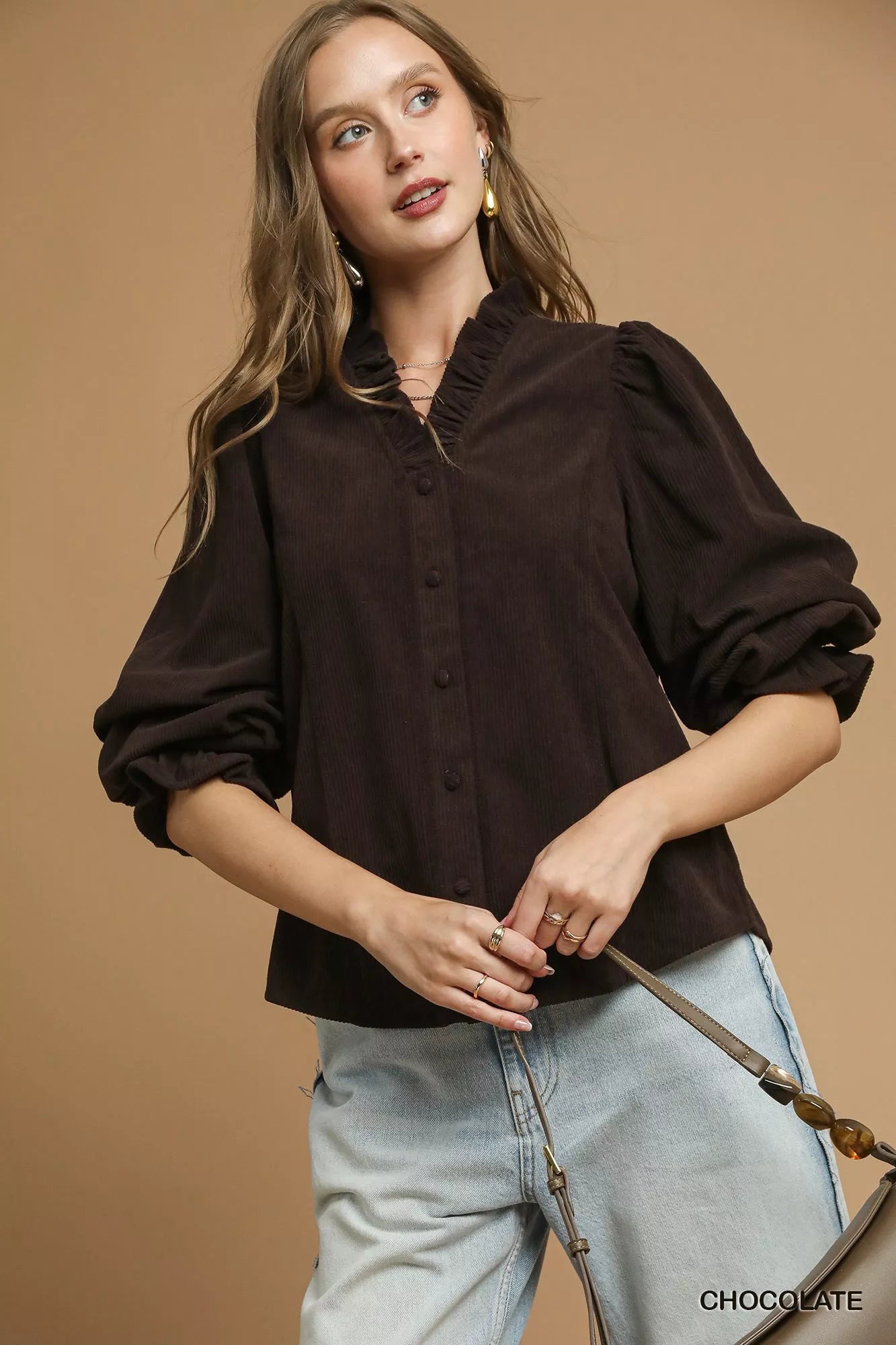 CHOCOLATE Umgee Corduroy Ruffle Shirt with Long Puff Sleeves | Shirts Daverri Fashions