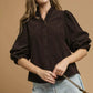 Umgee Corduroy Ruffle Shirt with Long Puff Sleeves - DAVERRI FASHIONS