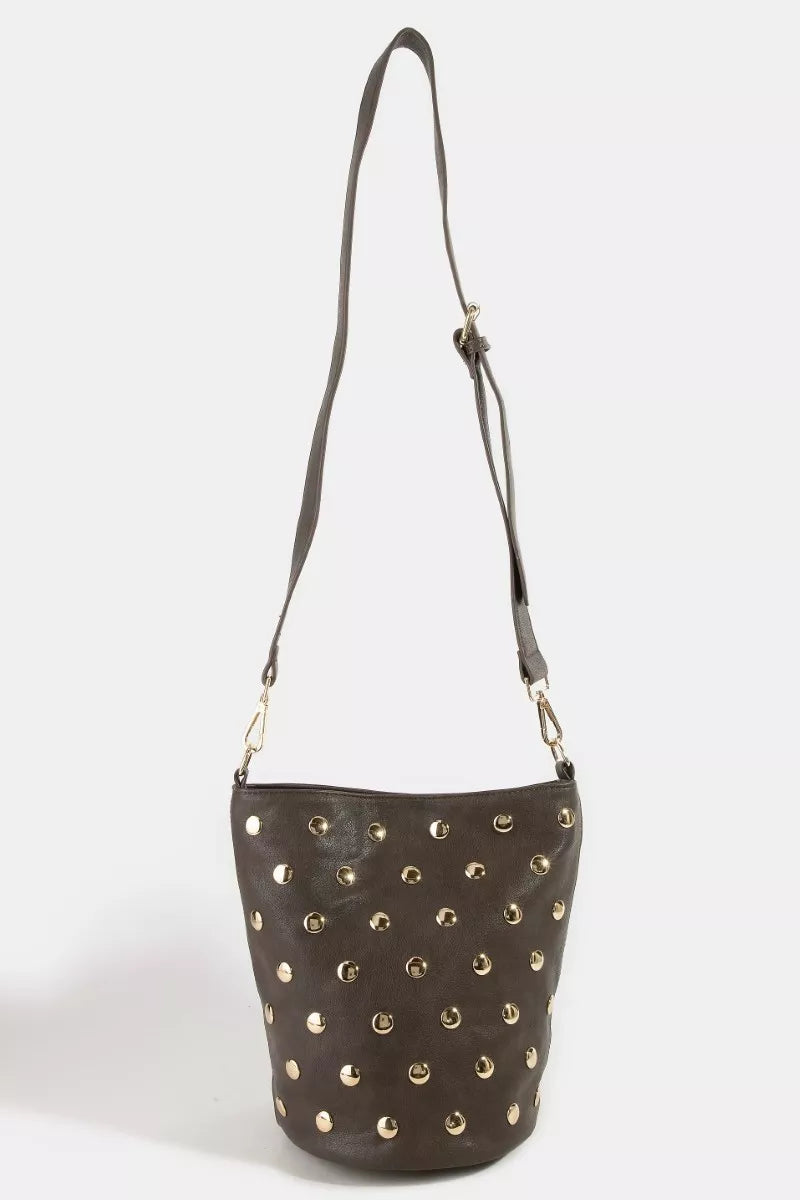 Fame studded leather bucket bag in brown with gold-tone studs